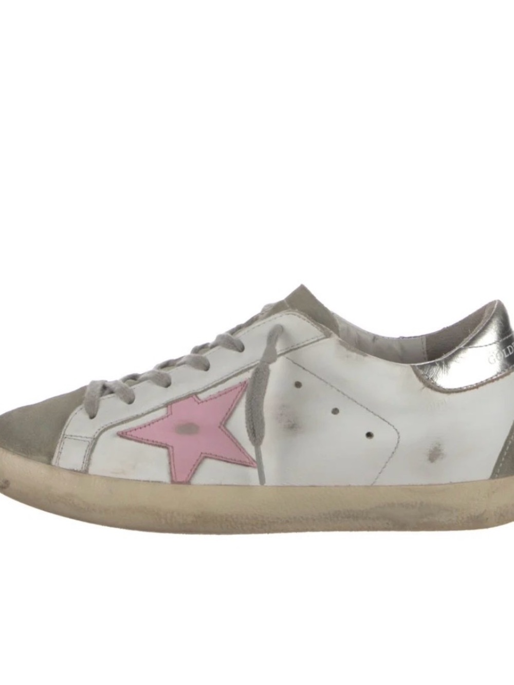 Golden Goose White Leather Sneaker with Pink Star and Silver Heel